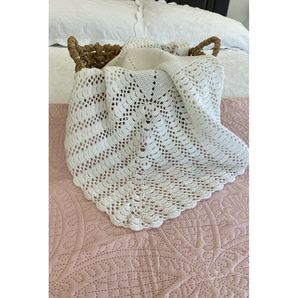 Hand Crochet Baby Afghan White Heirloom Keepsake Christening Shower‎